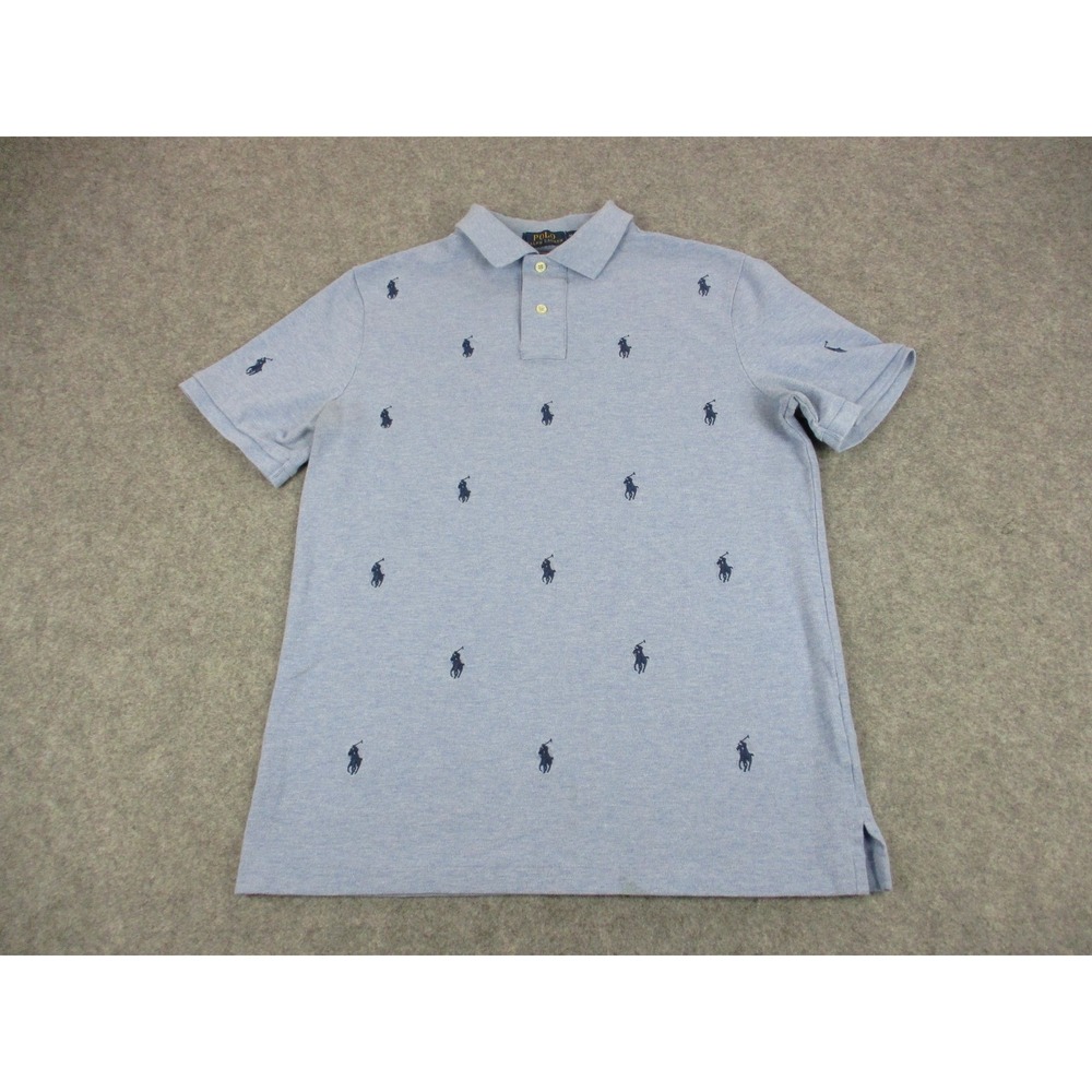 Ralph Lauren Polo Shirt Mens Medium Blue All Over Pony Embroidered Golf Rugby